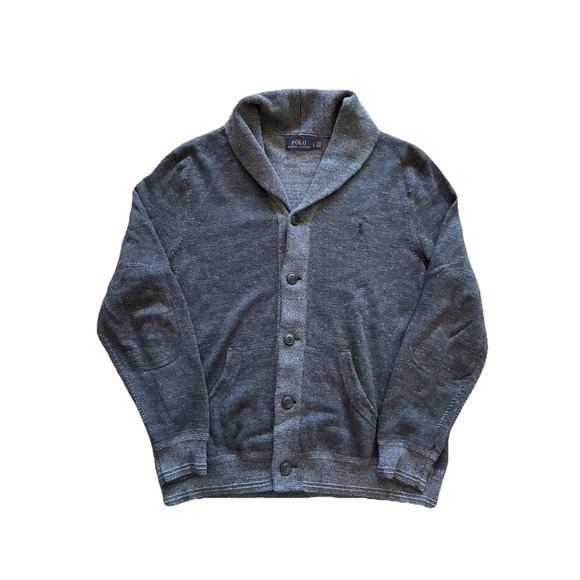 Polo Ralph Lauren Shawl Neck Cardigan Sweater Men's L 100% Cotton Gray Button Up - Picture 1 of 13
